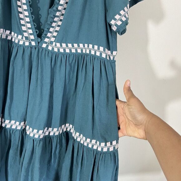 MADEWELL Embroidered Linen-Blend Flutter-Sleeve Tiered Dress Sz XXS green - Picture 3 of 6
